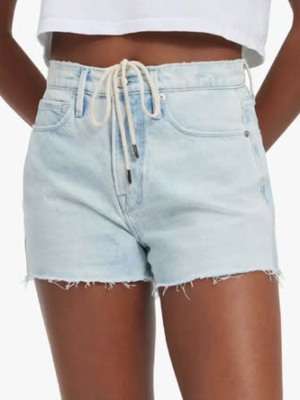 Good American Light Wash Denim Drawstring Shorts